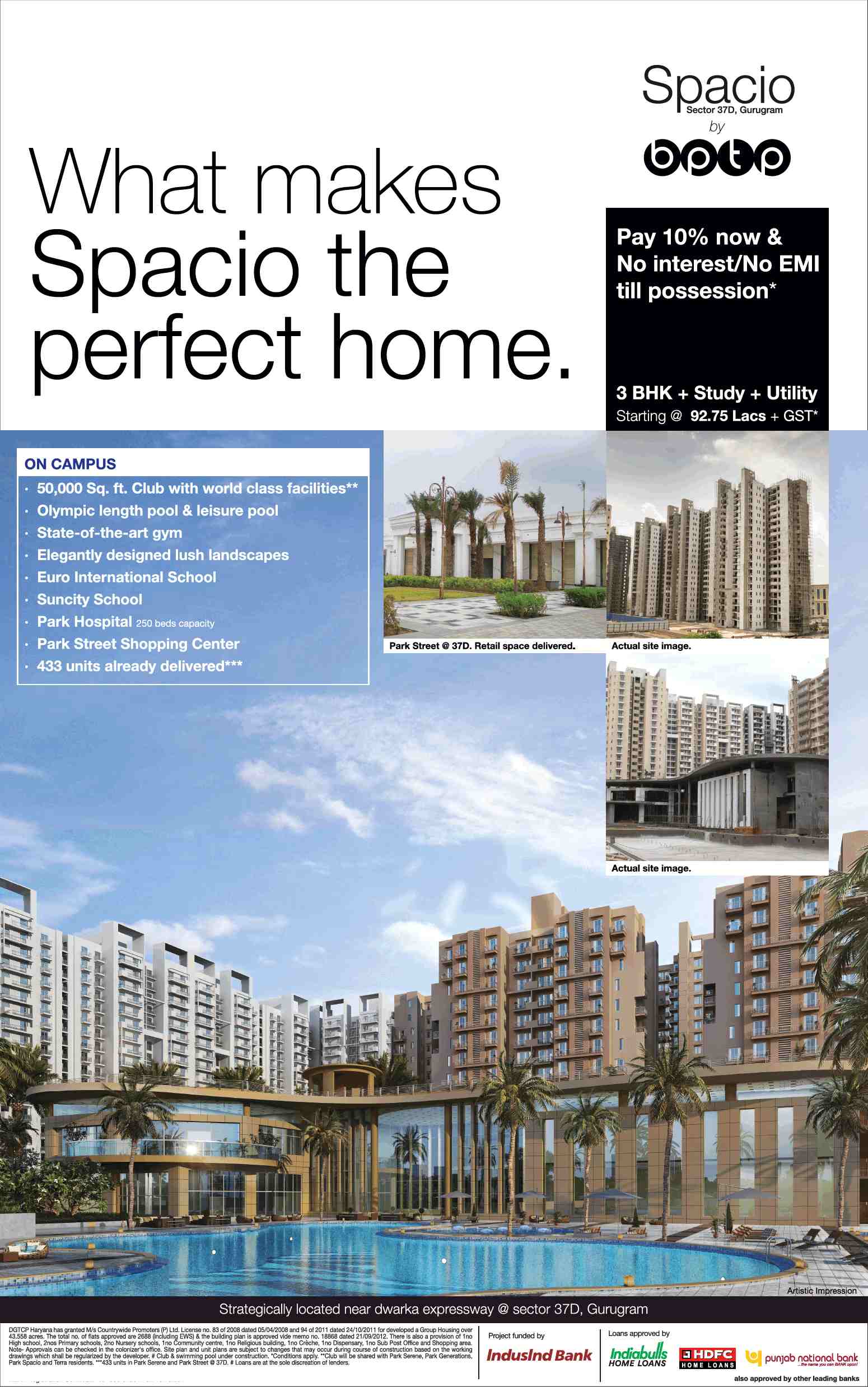 Pay 10% now and no interest & EMI till possession at BPTP Spacio in Gurgaon